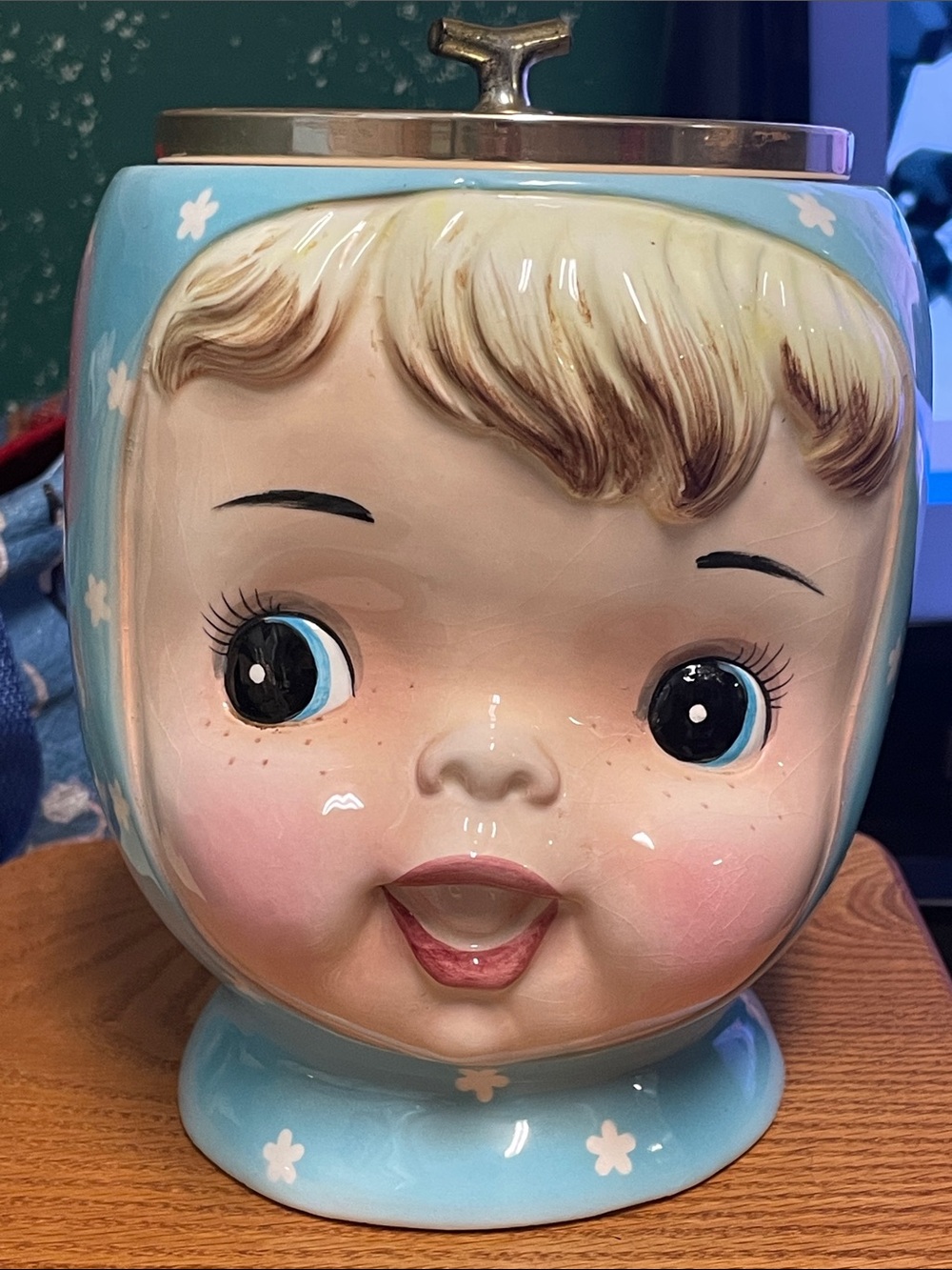 Vintage 50s Miss cutie pie Blue Ceramic Baby Head Cookie Jar- stunning